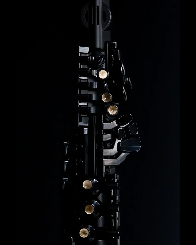 Dettaglio ravvicinato delle chiavi di un clarinetto in legno con anelli e assi della meccanica